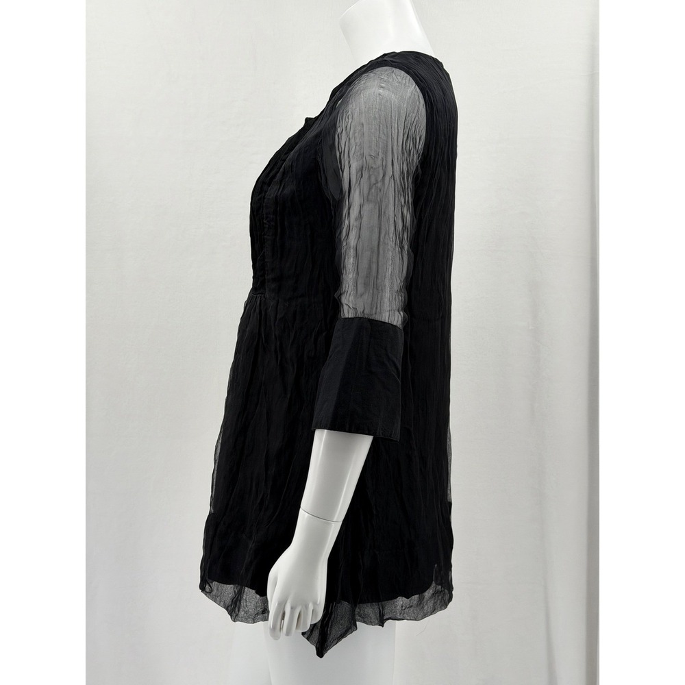 Gretchen Scott Top Womens Medium Black Pintuck Pleated Sheer Sleeve Witchy Tunic - Picture 4 of 12